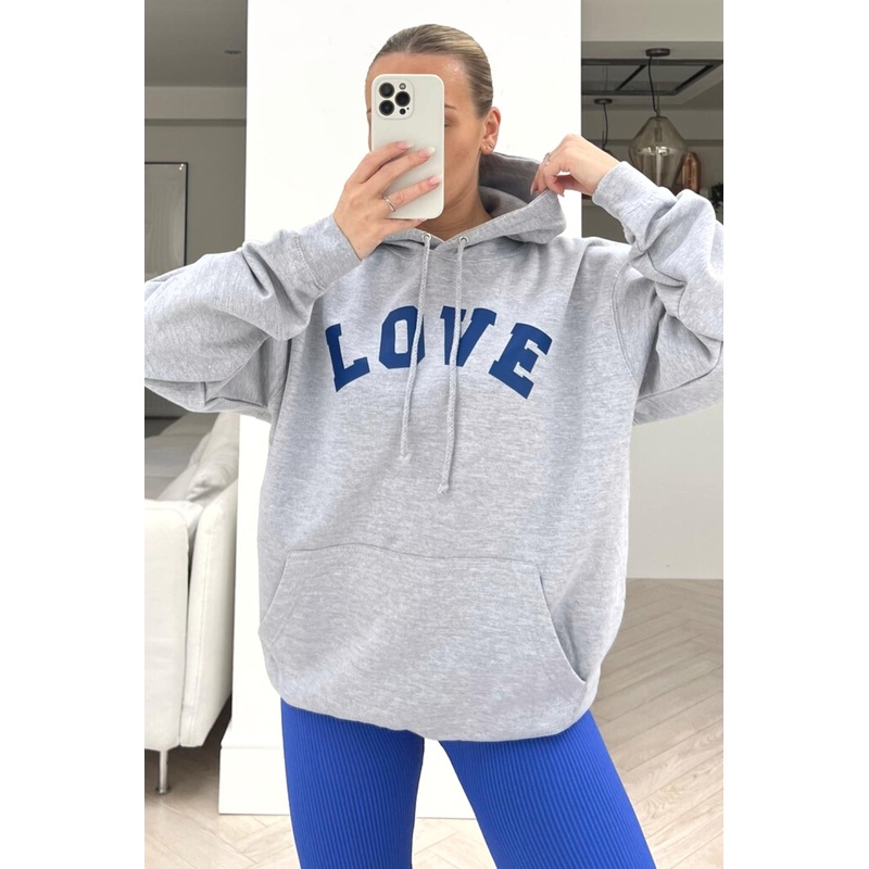 LOVE grey & blue printed drawstring hoodie