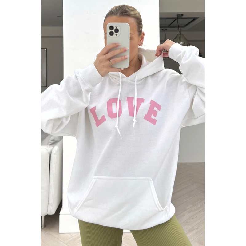 LOVE white & pink printed drawstring hoodie