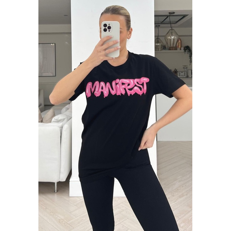 Manifest black & pink printed tee