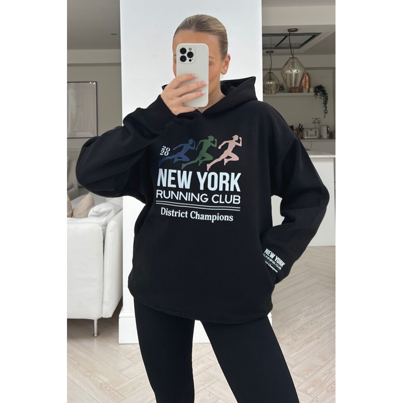 New york running black premium navy printed hoodie