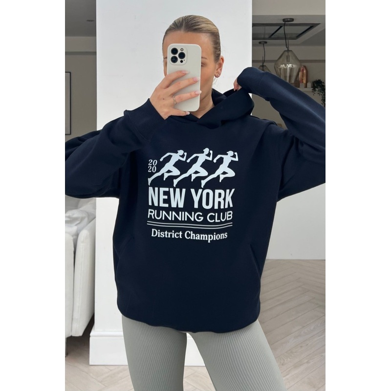 New york running club premium navy printed hoodie