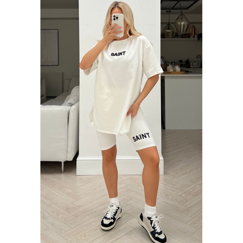 Saint cream embroidered cycling short co-ord