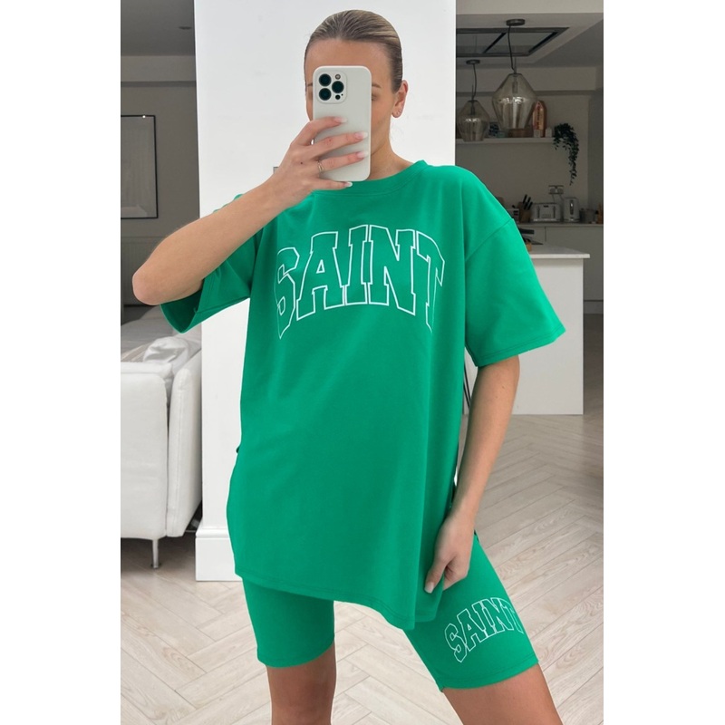 Saint green printed cycling short co-ord
