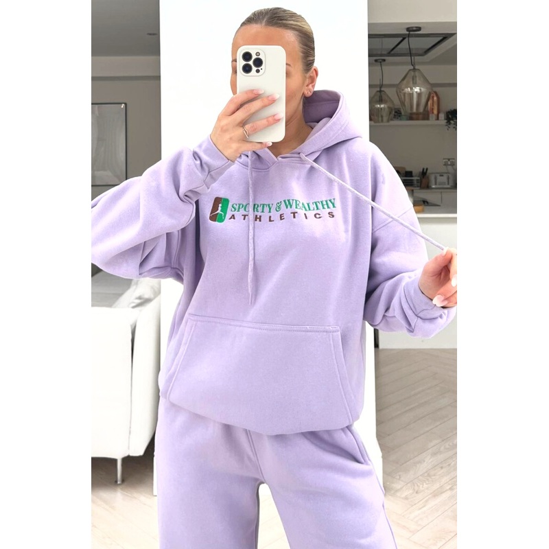 Sporty Athletics lilac embroidered Hoodie lounge set