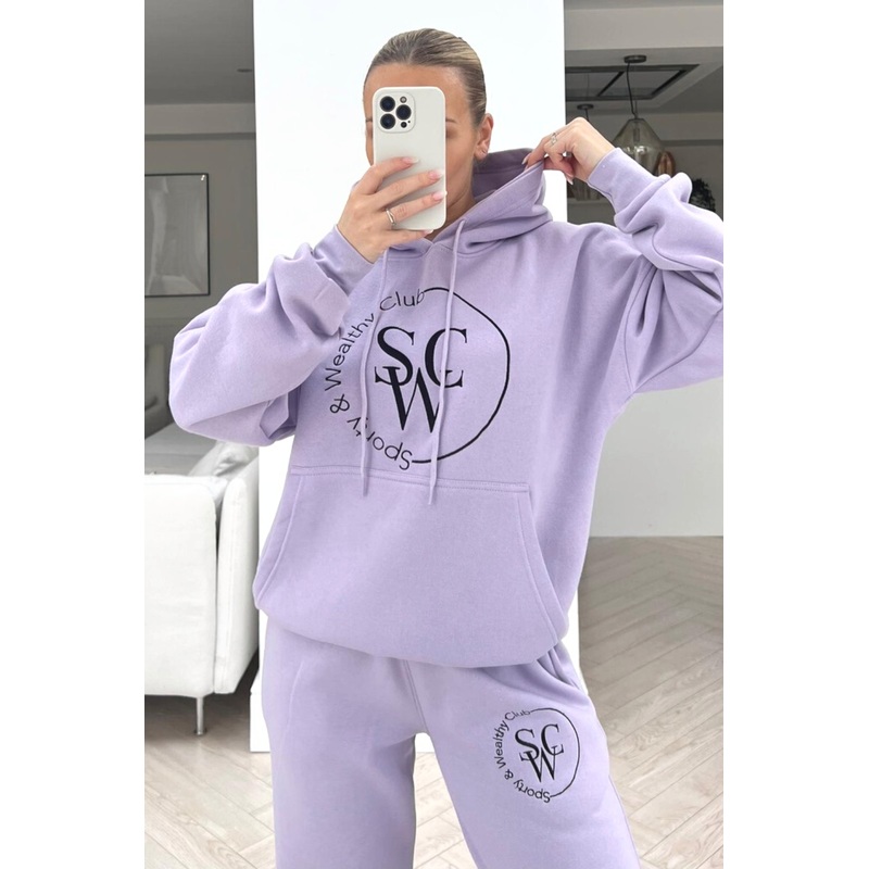 Sporty & Wealthy club lilac embroidered Hoodie lounge set