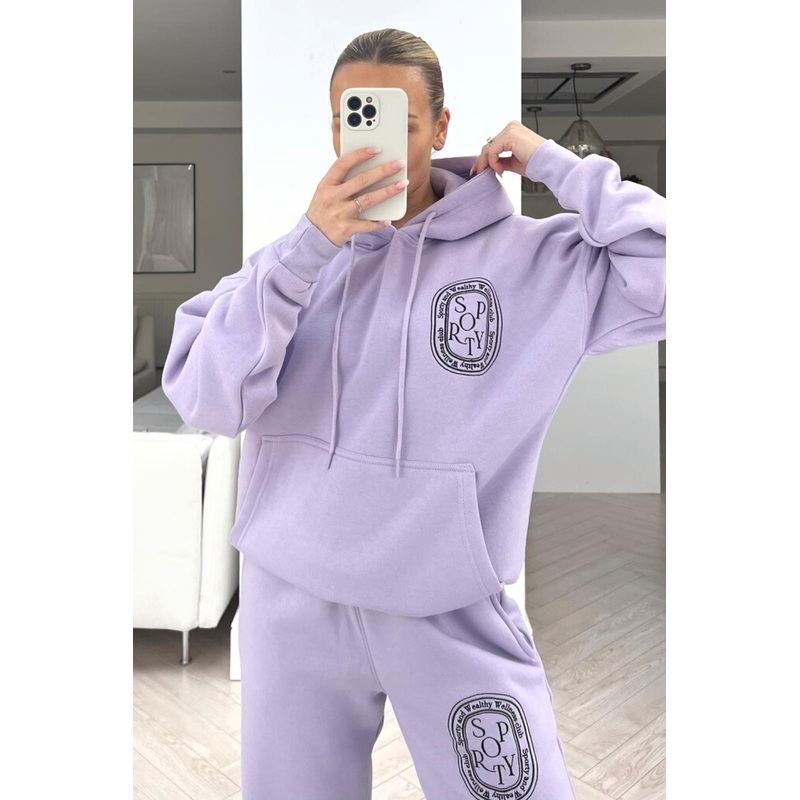 Wellness club lilac embroidered Hoodie lounge set