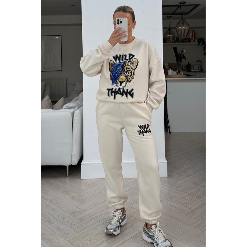 Wild thang ecru & blue printed sweater loungewear set