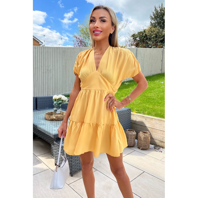 Yellow Short Sleeve Tie Back V Neck Mini Dress