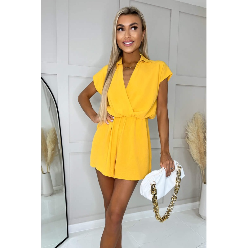 Yellow Wrap Top Short Sleeve Collared Playsuit