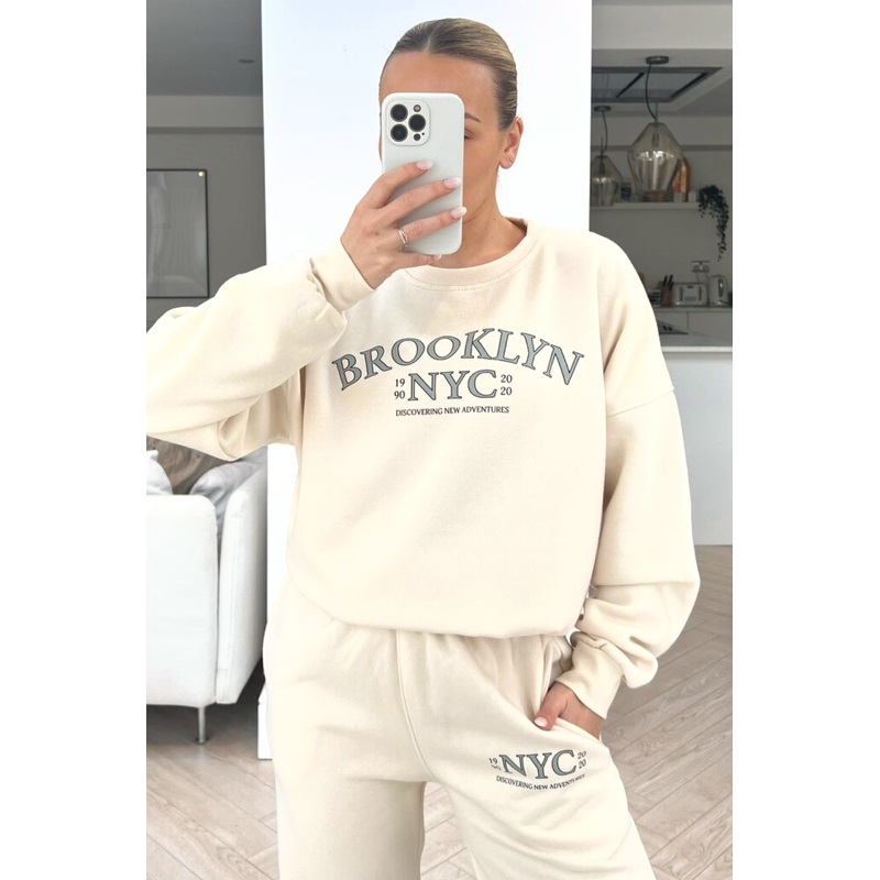 Brooklyn NYC ecru printed sweater loungewear set