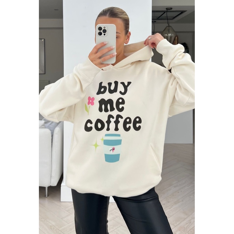 Buy me coffee premium ecru printed hoodie