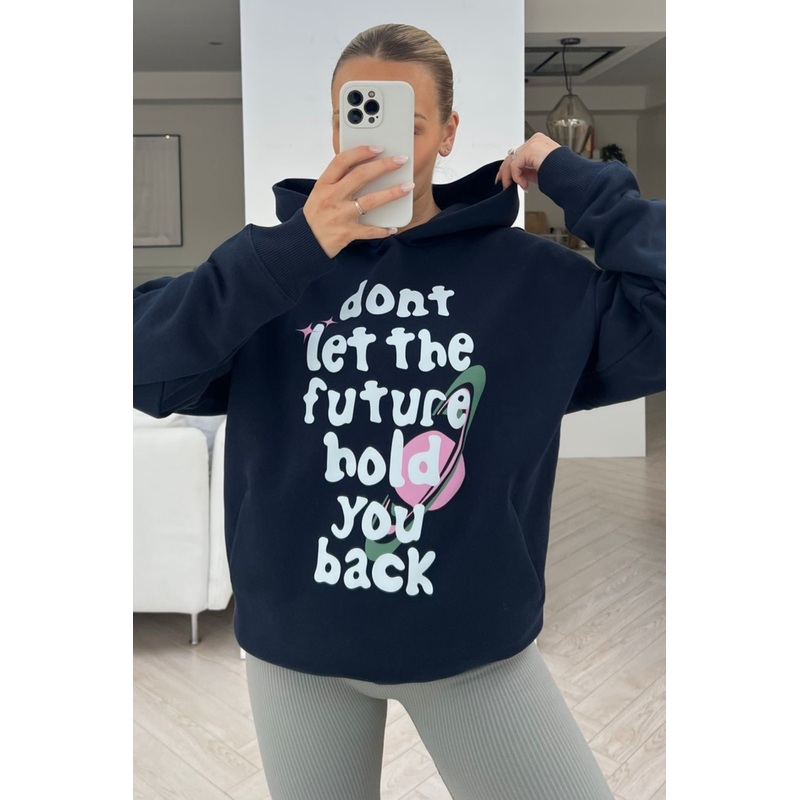 Dont let the future hold you back premium navy printed hoodie