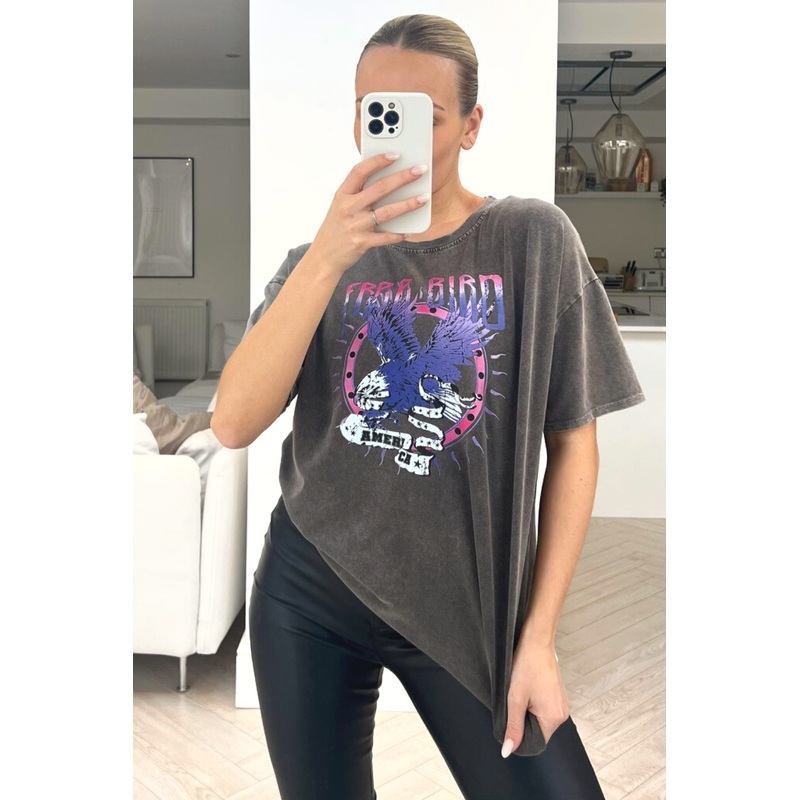 free bird grey & lilac acid wash printed tee