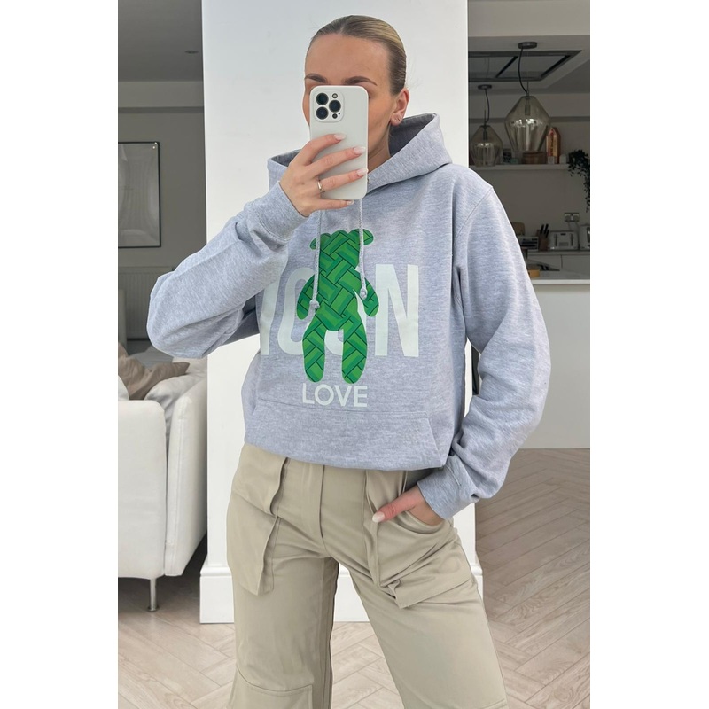 icon teddy grey & green printed draw string hoodie