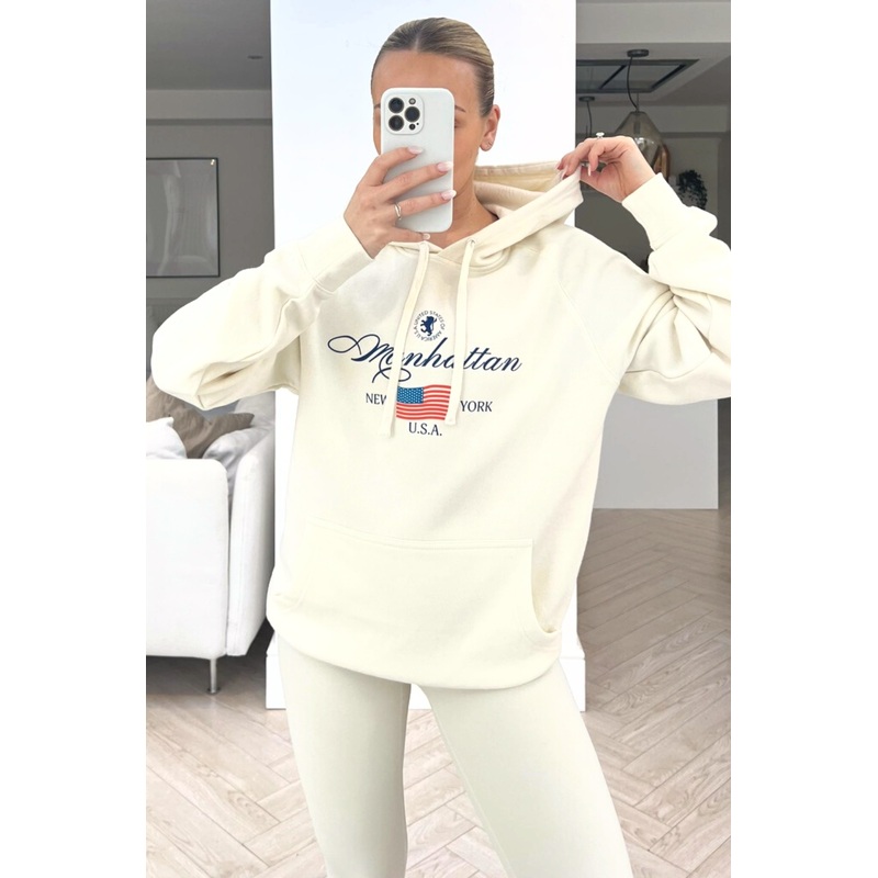 manhattan ecru printed draw string hoodie