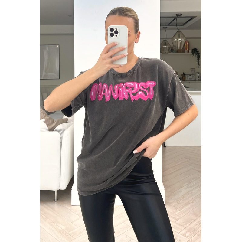 manifest grey & pink acid wash printed tee