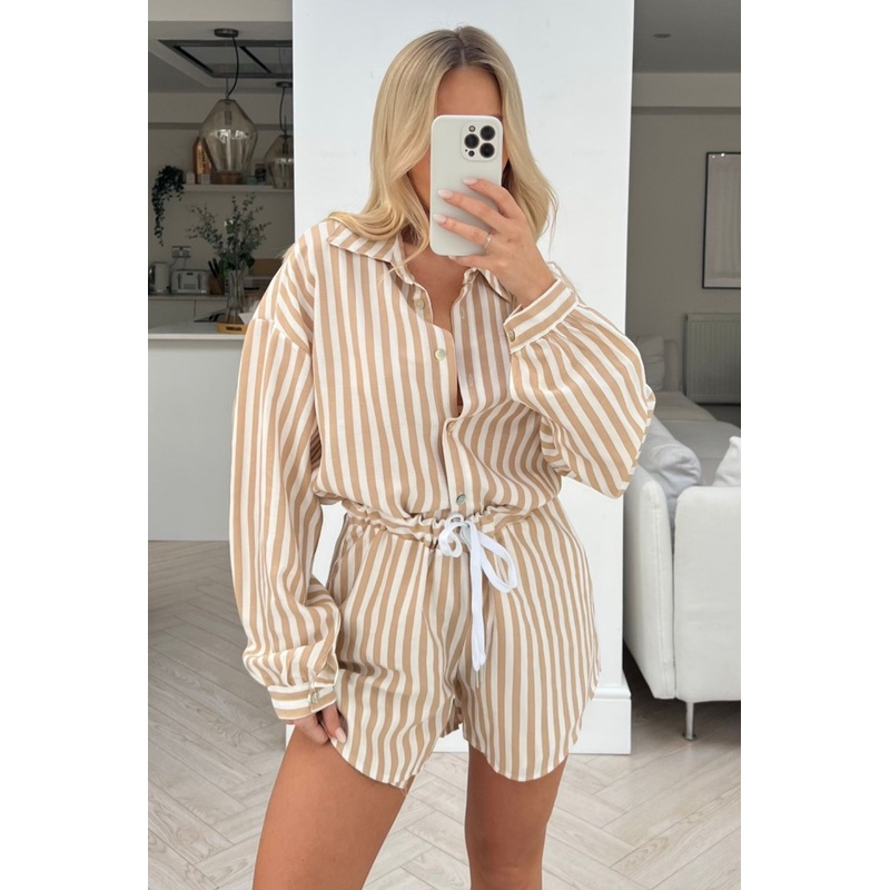 Rome beige & white Striped shirt short Co-ord