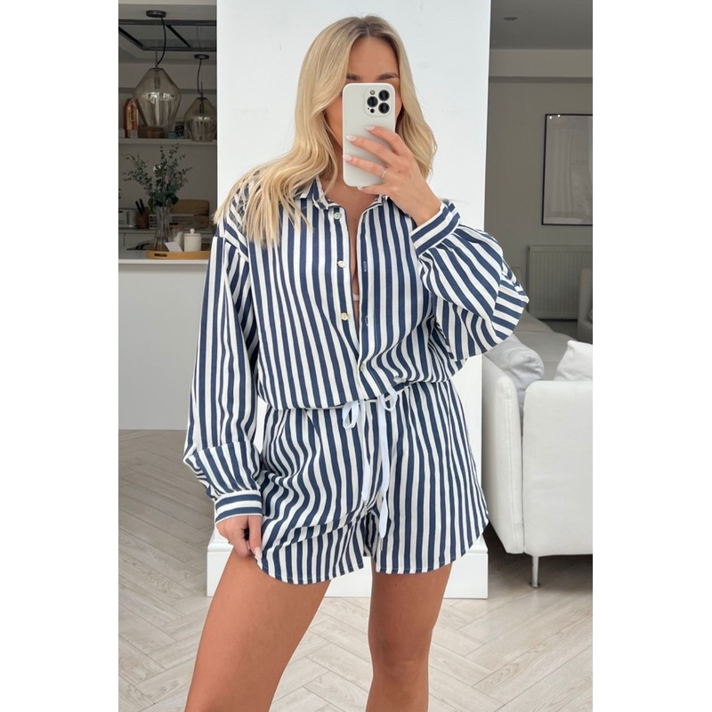 Rome Navy & white Striped shirt short Co-ord