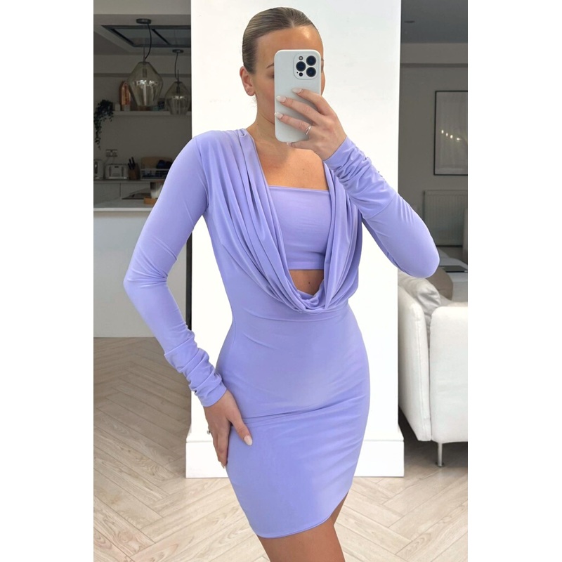 Selena lilac long sleeve cowel neck dress
