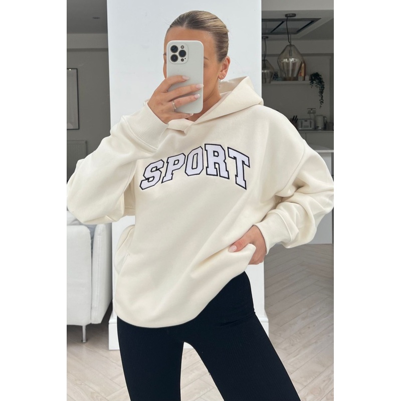 sport ecru premium embroidered hoodie