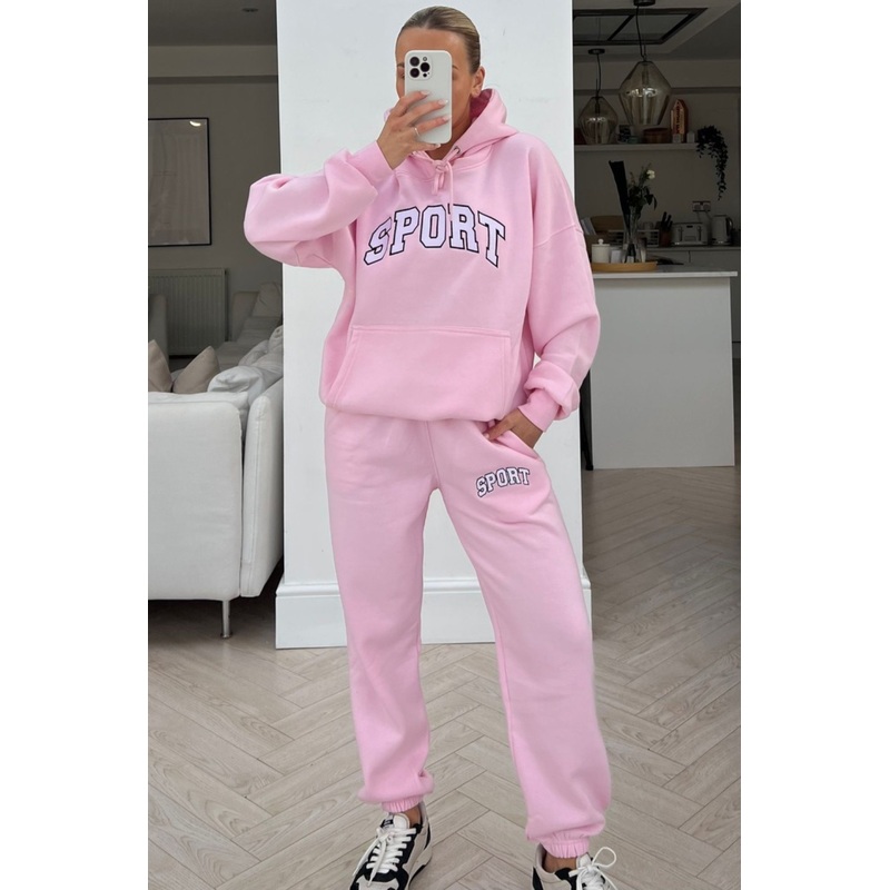 sport pink & white embroidered hoodie loungewear set