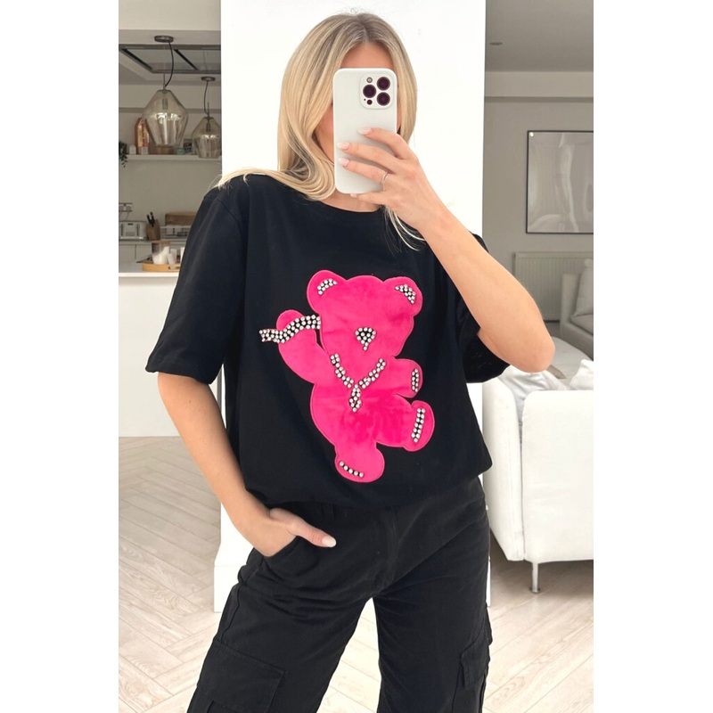 Teddy black & pink diamante oversized tee
