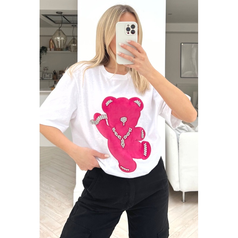 Teddy white & pink diamante oversized tee