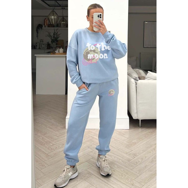 To the moon baby blue printed sweater loungewear set