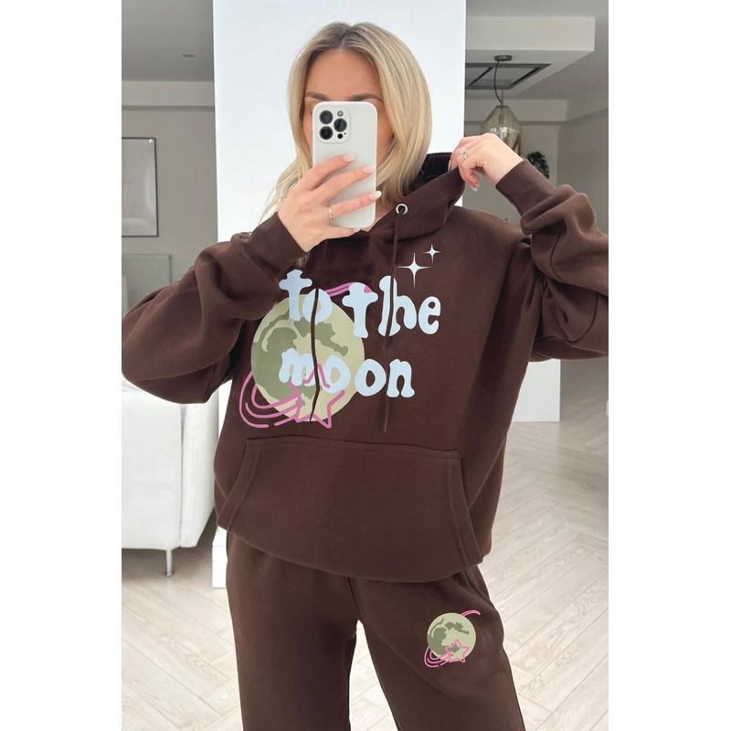To the moon chocolate printed hooded loungewear set