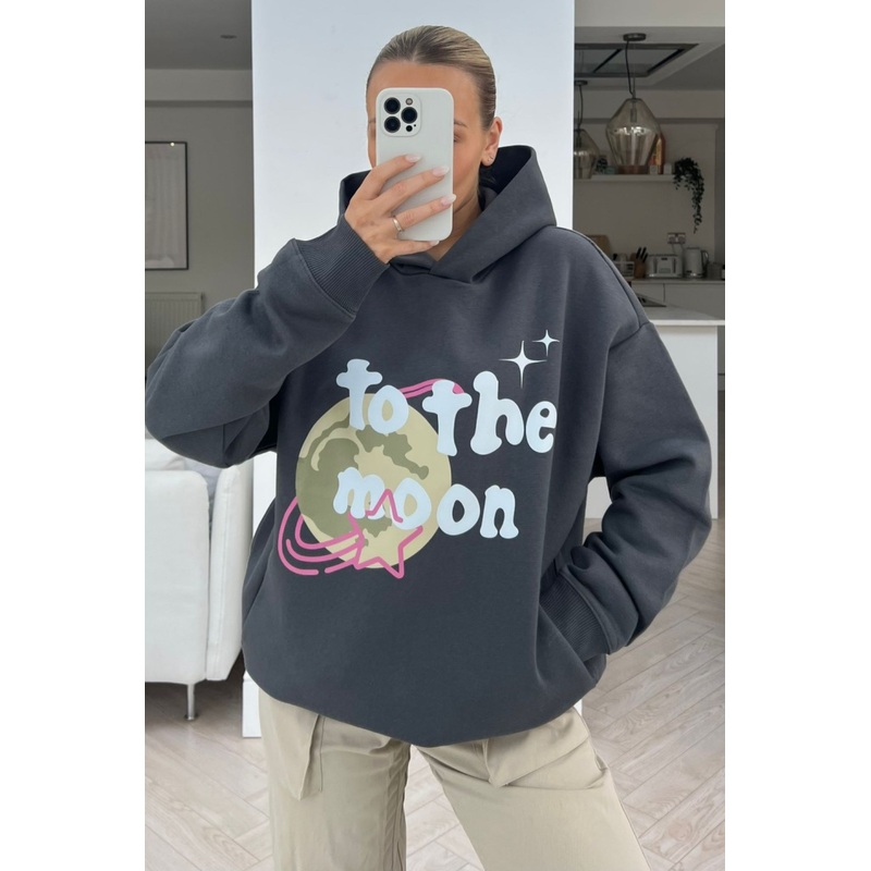 To the moon premium steel grey printed hoodie
