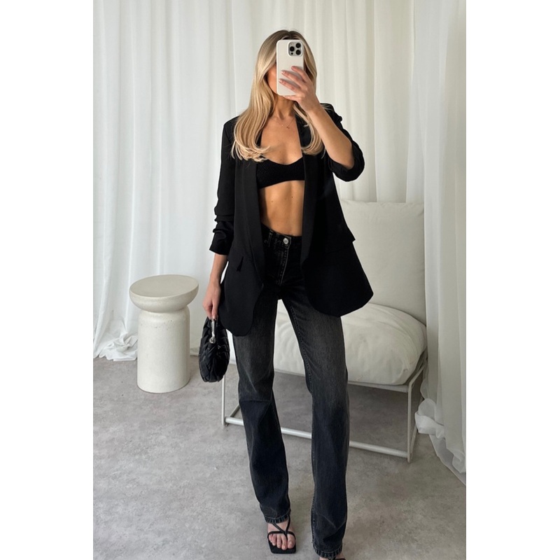 Valencia black ruched sleeve blazer