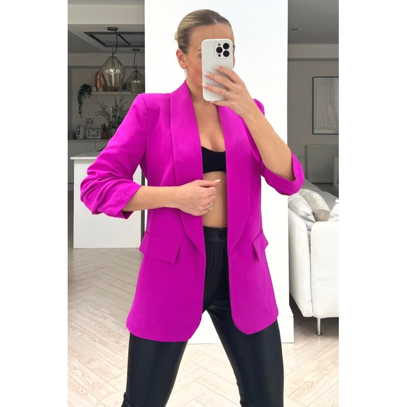 venice fuchsia ruched sleeve blazer