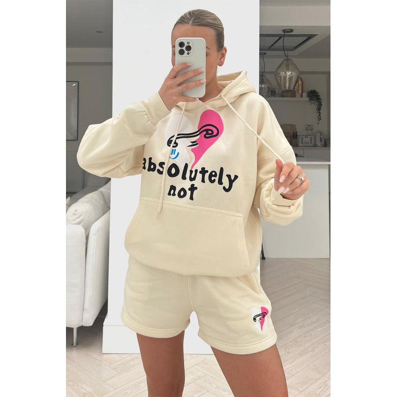 Absolutely Not Ecru printed Hoodie short coord