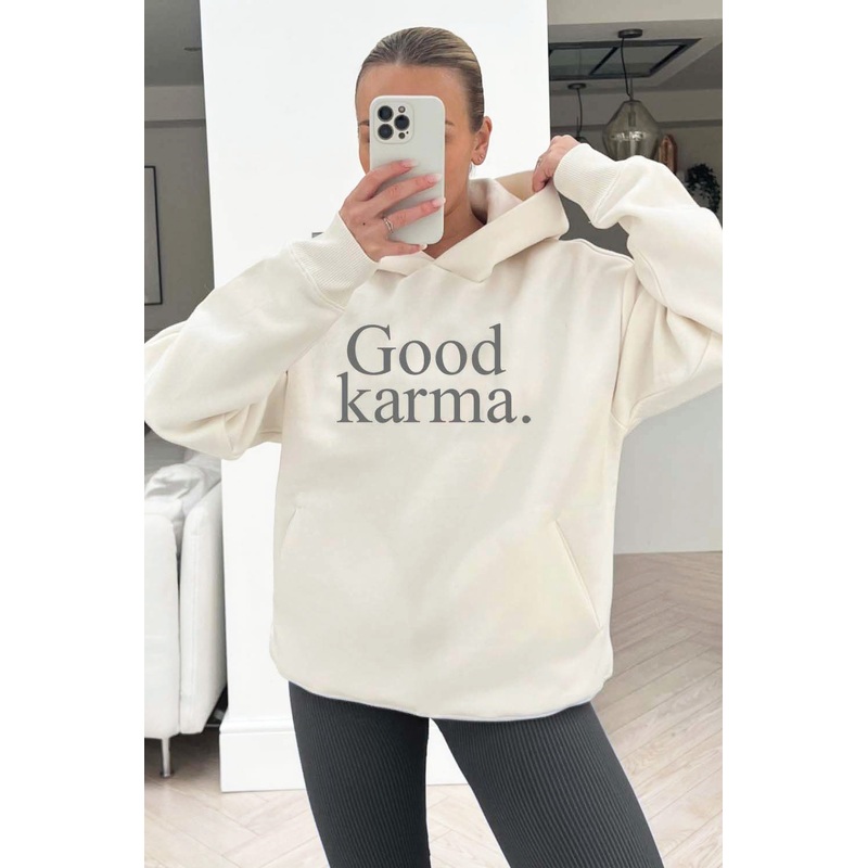 Good Karma premium ecru printed hoodie