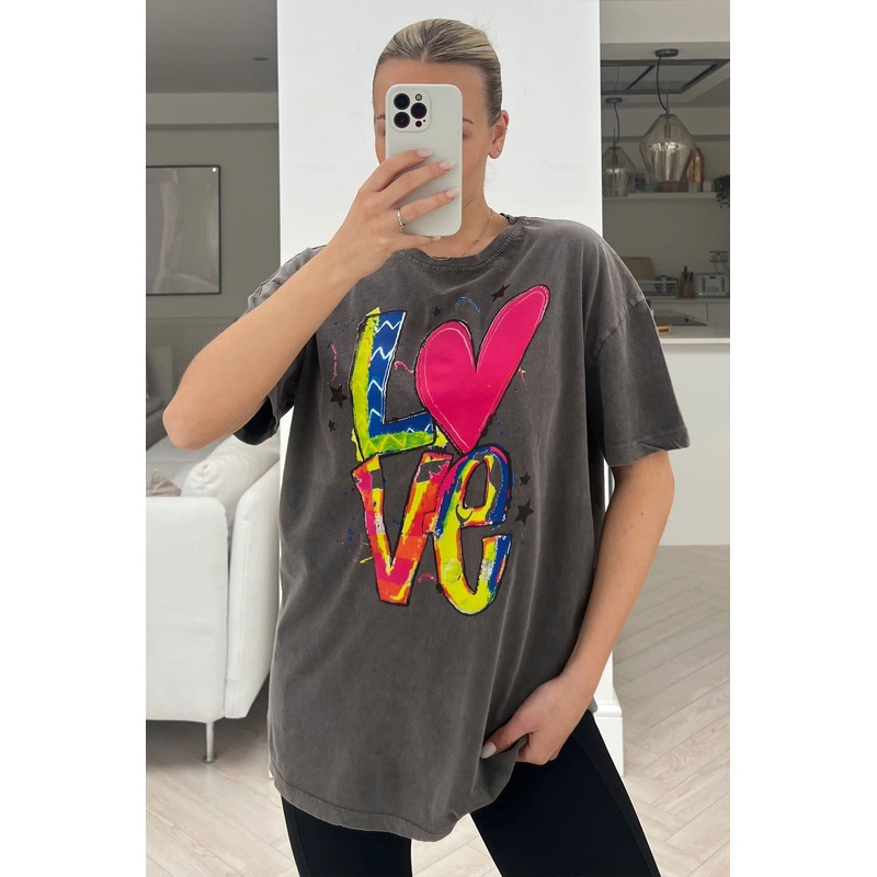 Love acid wash printed tee