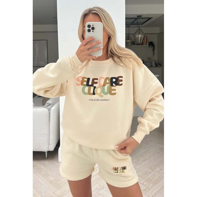self care clique muted print ecru sweater short loungewear set