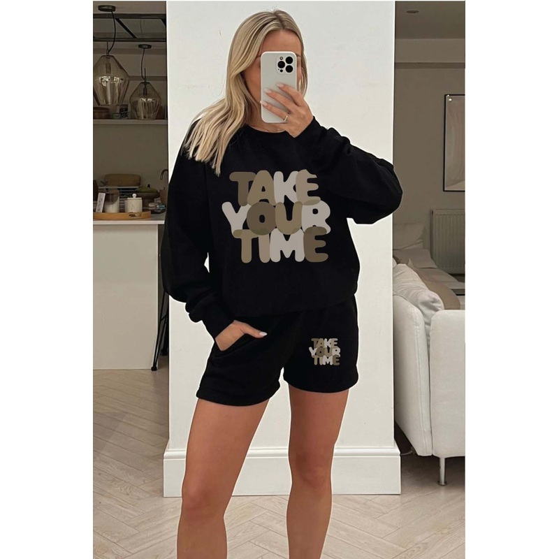 take your time Black sweater short loungewear set