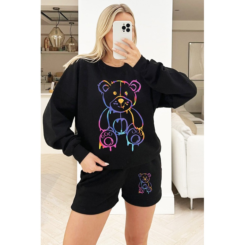 Teddy Drip Black sweater short loungewear set