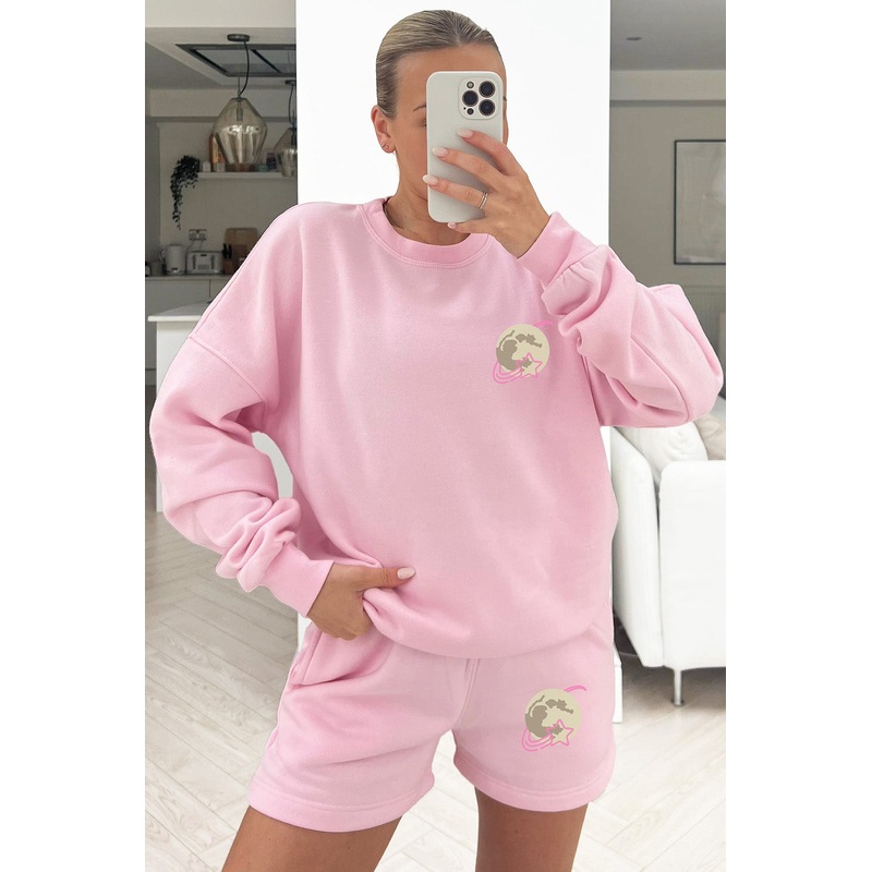 to the moon baby pink sweater short loungewear set