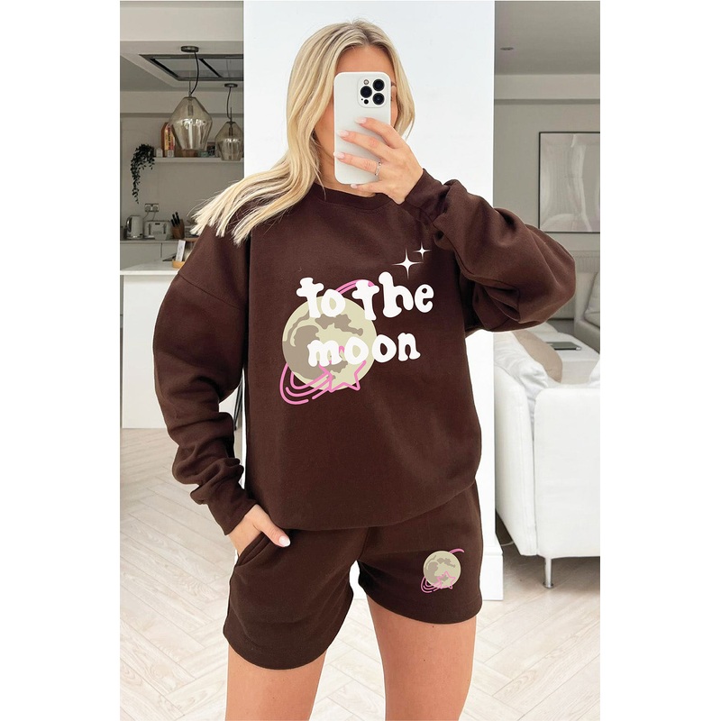 to the moon chocolate sweater short loungewear set