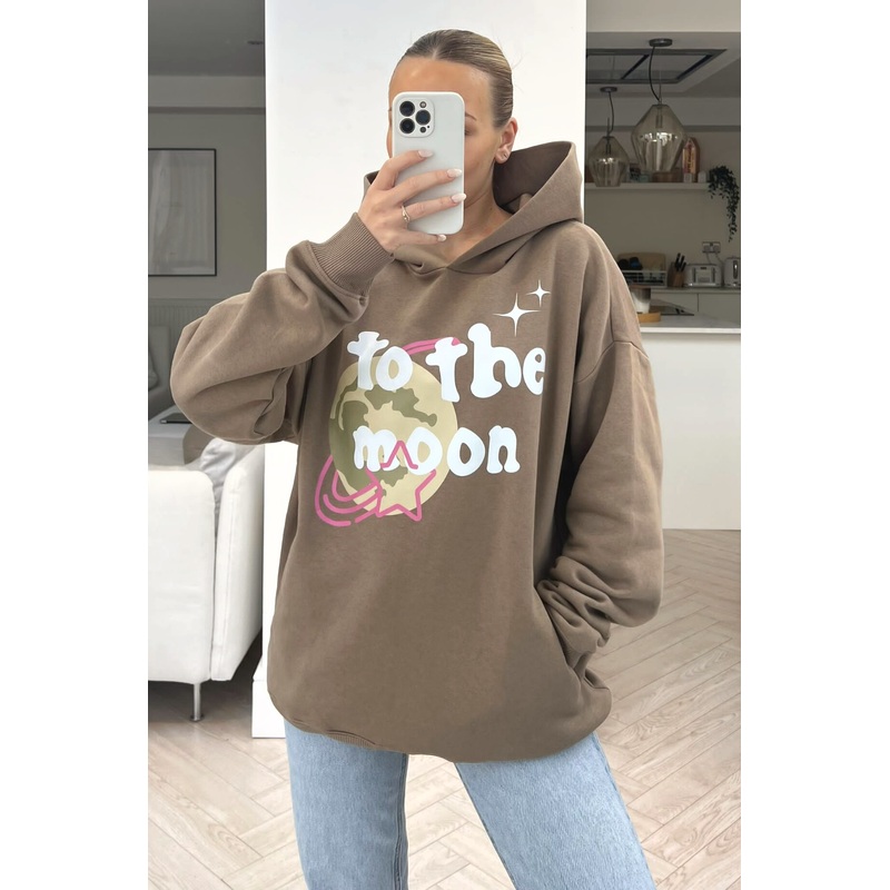 To the moon premium beige printed hoodie