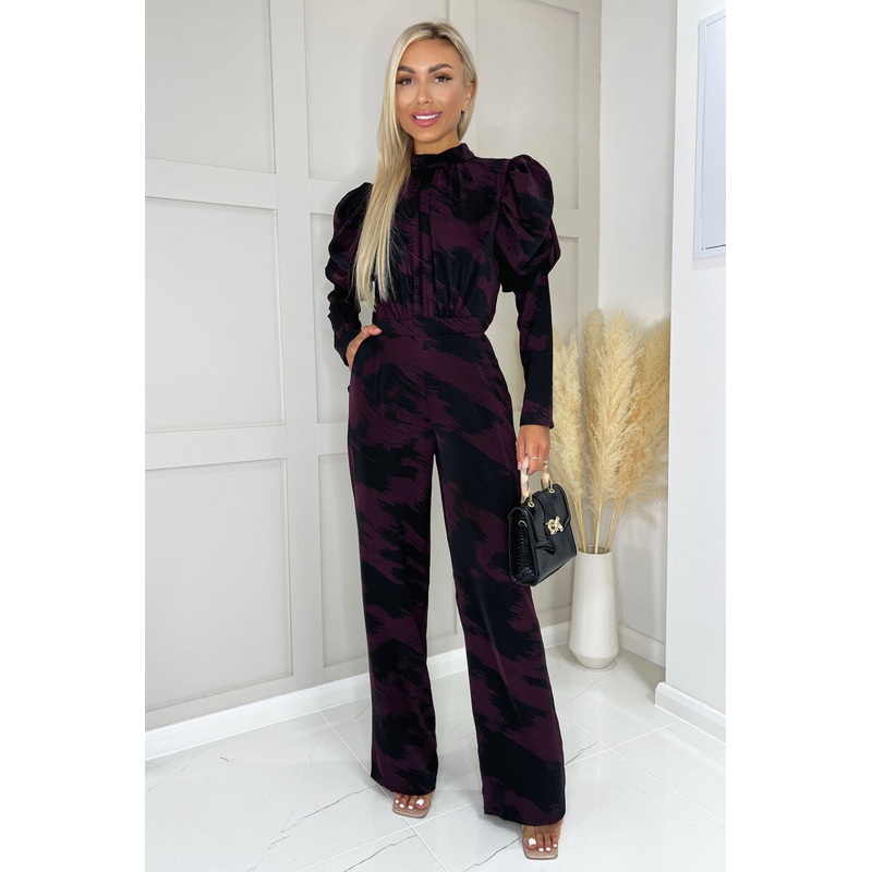 Wine Printed High Neck Puff Sleeve Jumpsuit