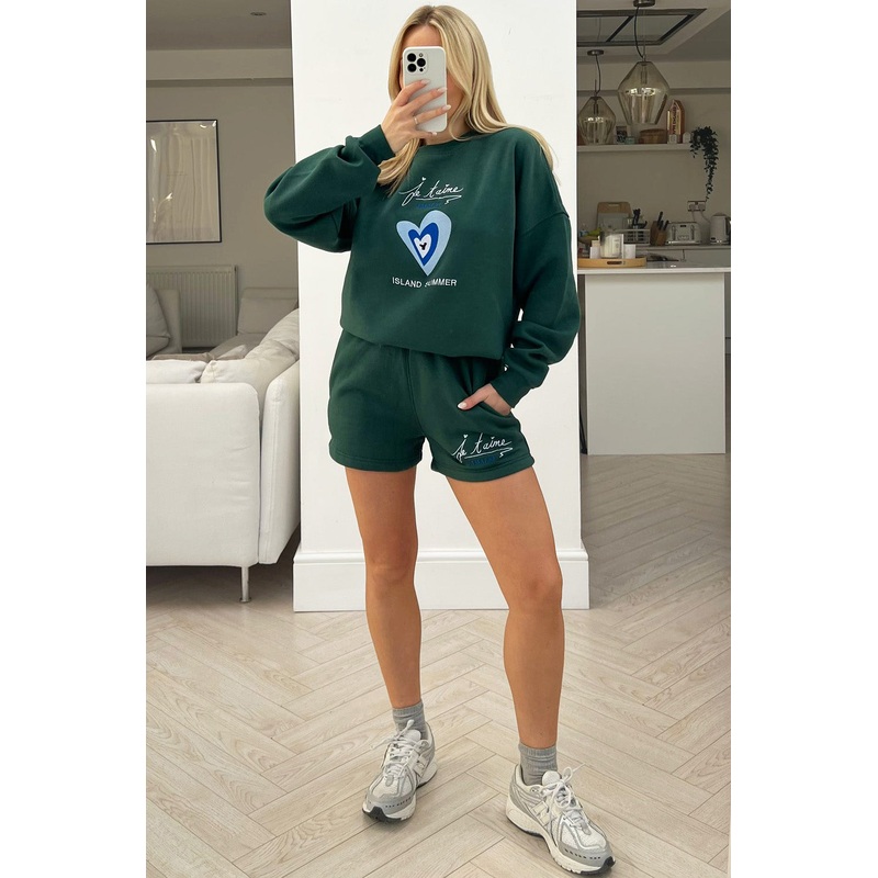 Amalfi Forest Green Sweater Embroidered short loungewear set