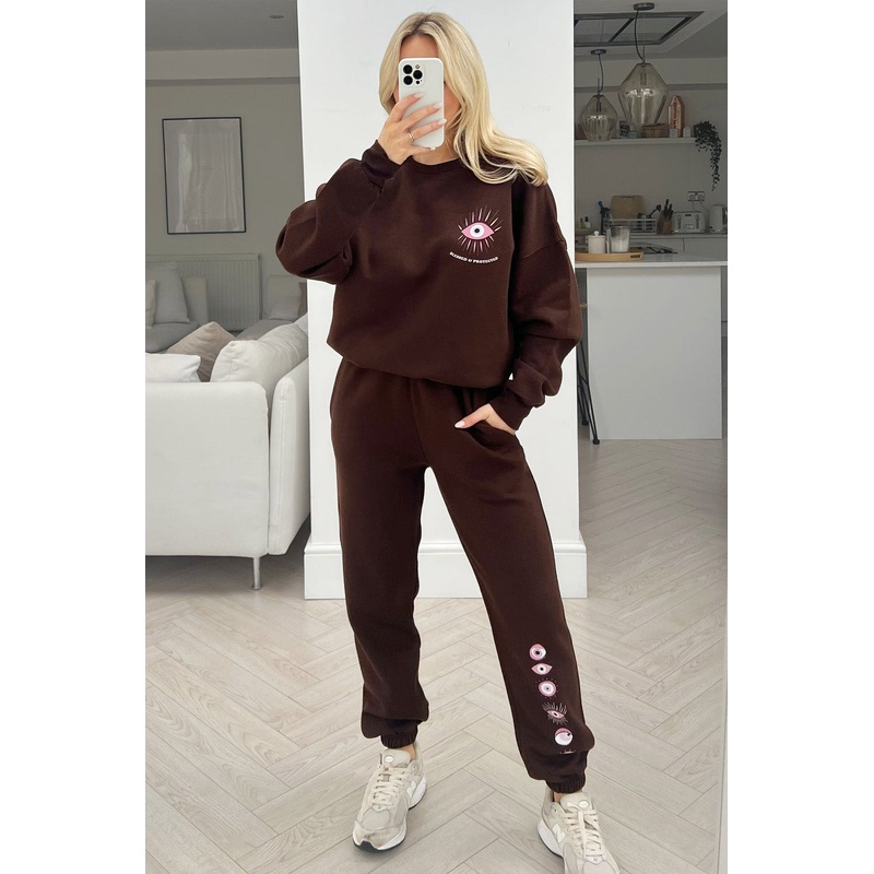 Blessed & protected chocolate Printed sweater jogger loungewear set