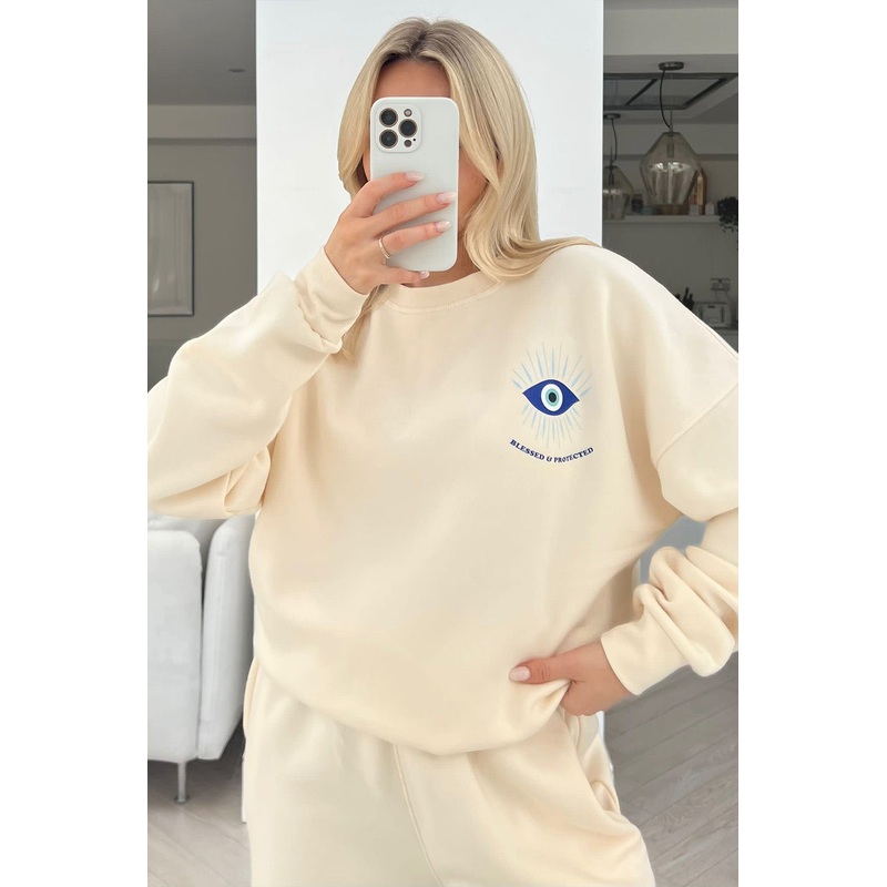 Blessed & protected ecru Printed sweater jogger loungewear set