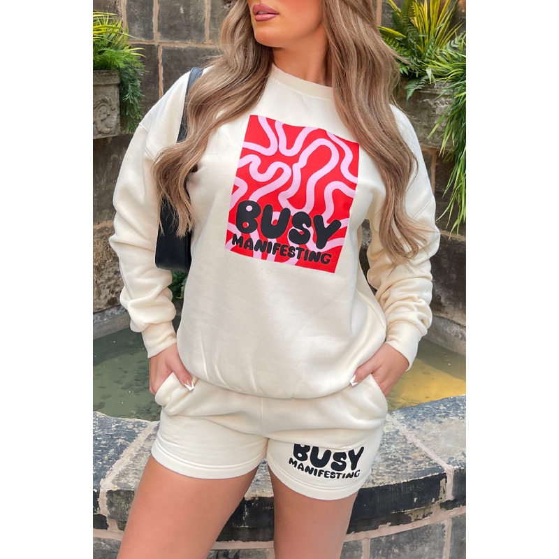 Busy Manifesting Ecru Printed sweater short loungewear set
