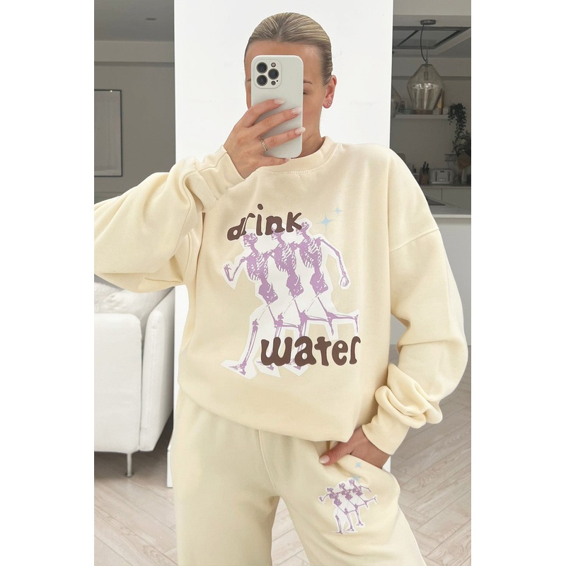 Drink Water Ecru printed sweater loungewear set