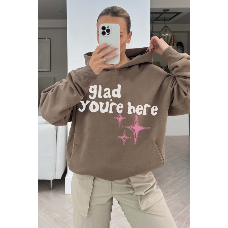Glad You're Here premium beige printed hoodie