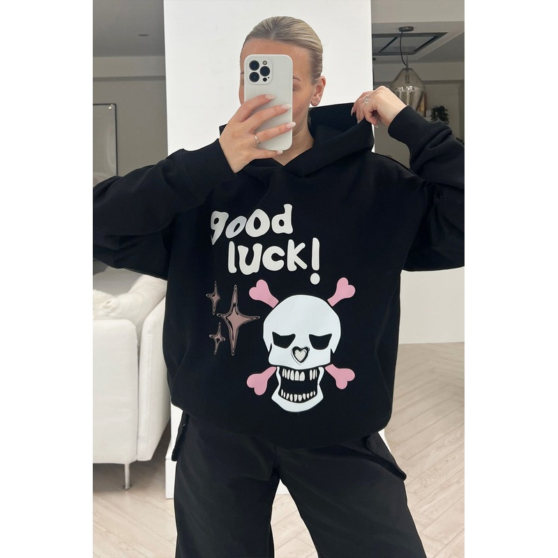 Good Luck Black premium black printed hoodie