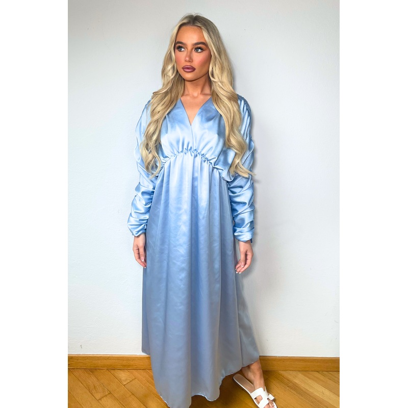 Leilani blue plunge neck ruched dress